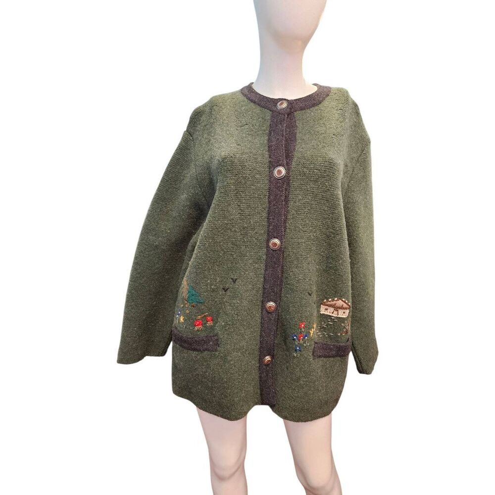 Sigi Scheiber Olive Green Wool Embroidered sweater Jacket Size 42 US XL VINTAGE